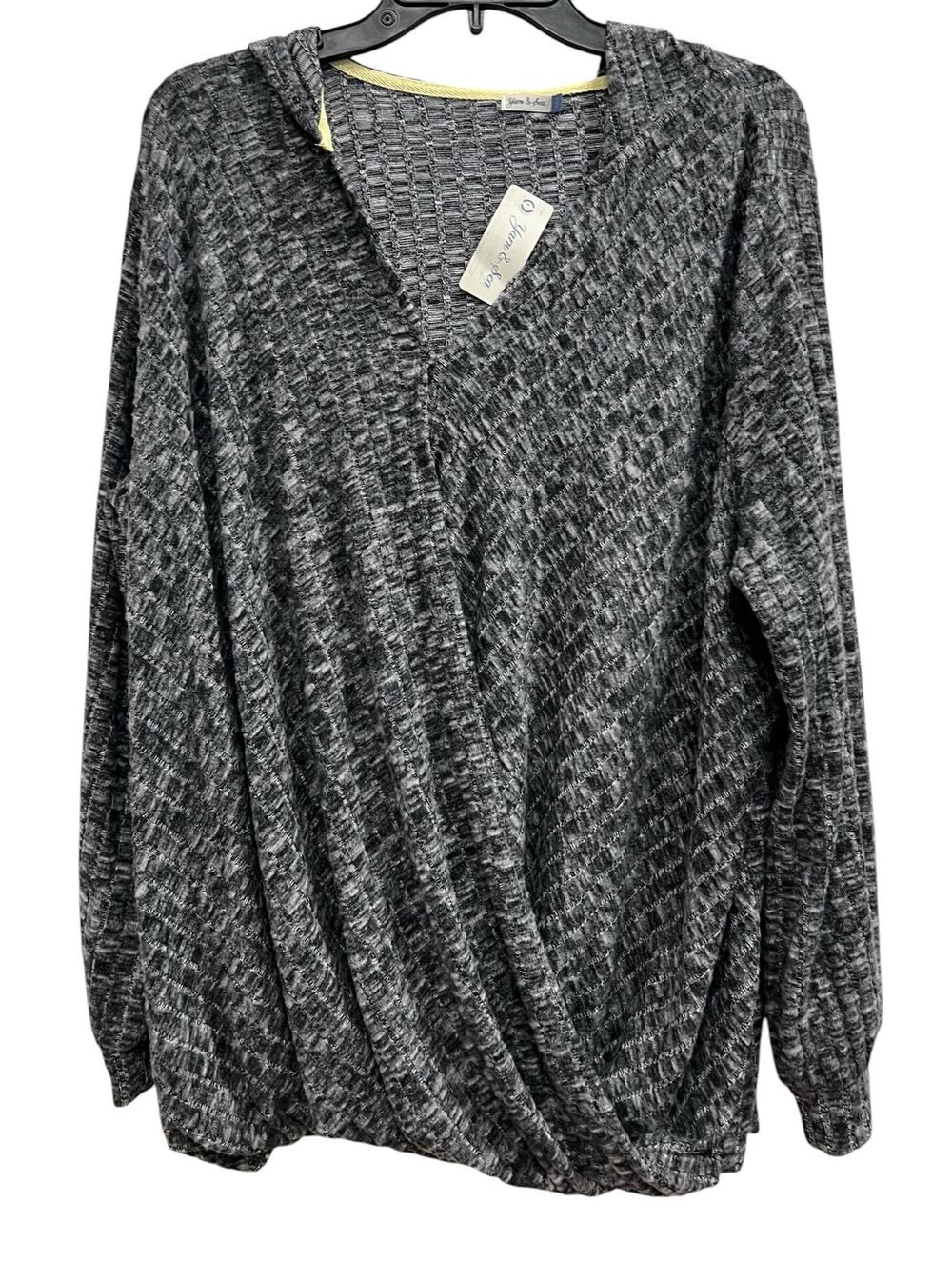 Yarn & Sea gray black marled faux wrap top hood textured knit NWT plus SZ 1X